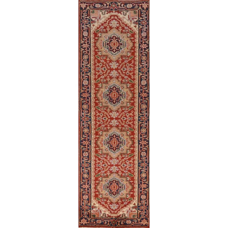 Geometric Heriz Serapi Style Runner Rug Handmade Red Wool Carpet - 2'5" x 10'1"