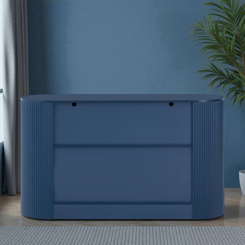 Modern 55.1" Storage Cabinet with Curved Doors, 2 Drawers & Side Shelves, Stripe MDF Buffet Console Table