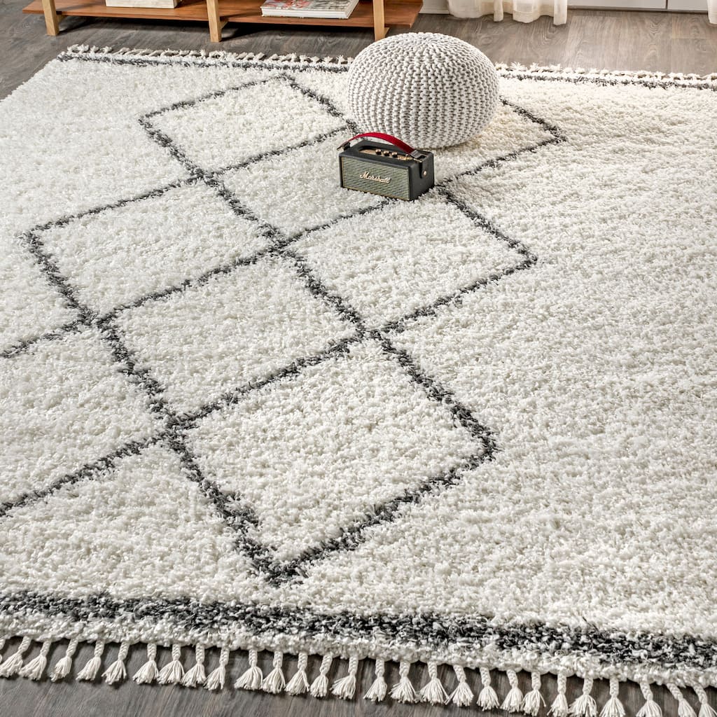 JONATHAN Y Modern Shag Plush Tassel Moroccan Tribal Geometric Trellis Area Rug