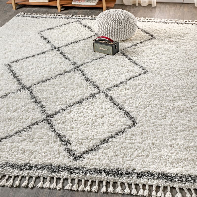 JONATHAN Y Modern Shag Plush Tassel Moroccan Tribal Geometric Trellis Area Rug