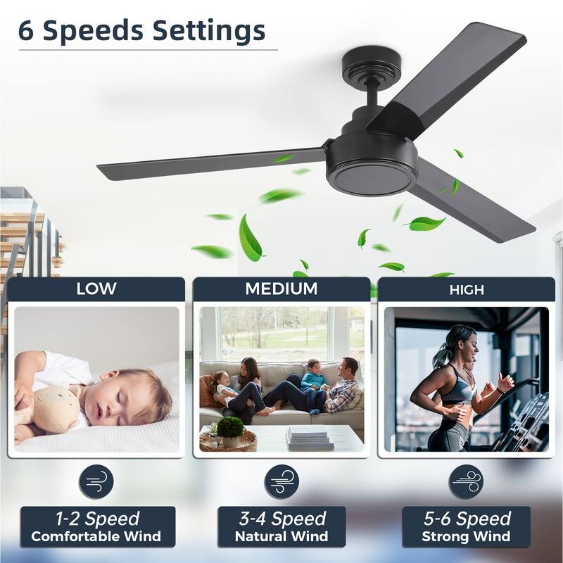 Sofucor 52Inch Ceiling Fan with Remote(No Light),Indoor Outdoor,6-Speed with 3 ABS Blades,Farmhouse,Quiet Reversible DC Motor
