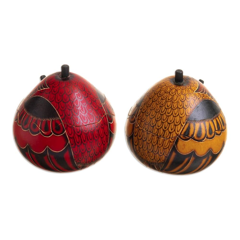 Novica Handmade Fortunate Owls Dried Mate Gourd Decorative Boxes (Pair)
