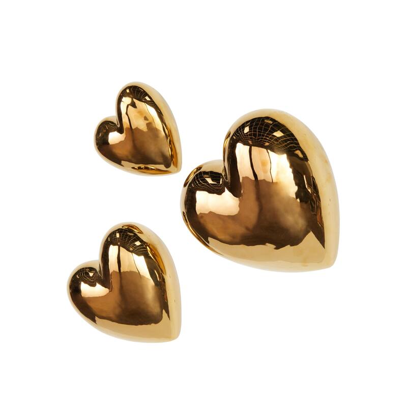Ceramic Heart Slanted Home Wall Decor with Varying Sizes - Set of 3 Black, Gold, Silver, White - Roche River Decor