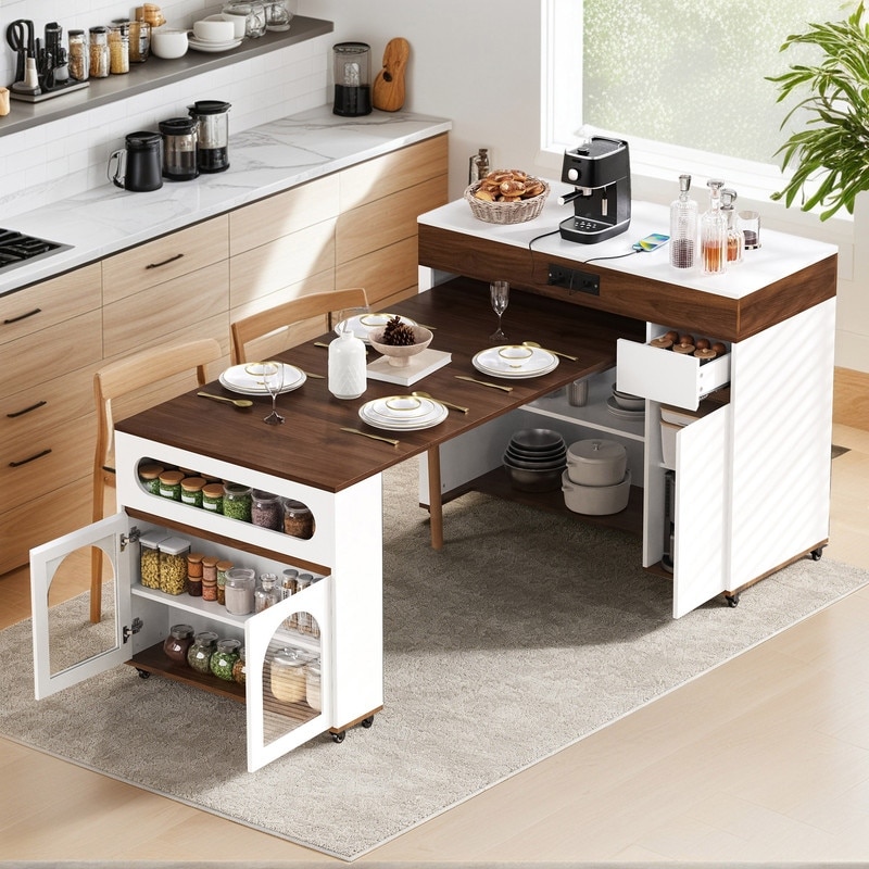 Rolling Kitchen Island with Extendable Table, Drawers, Power Outlet and Brake lock, Storage Cabinet