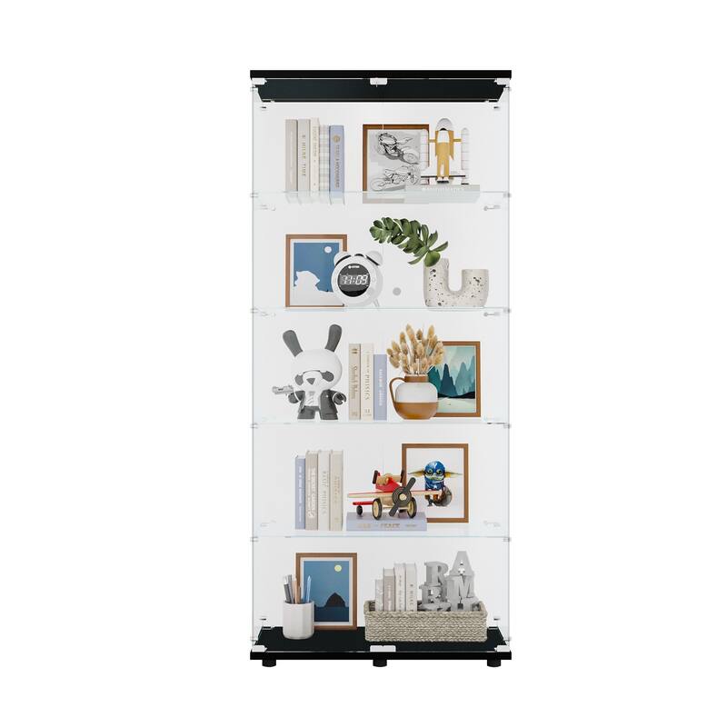 Floor Standing Glass Bookshelf Display Cabinet with 5 Shelves and Double Door