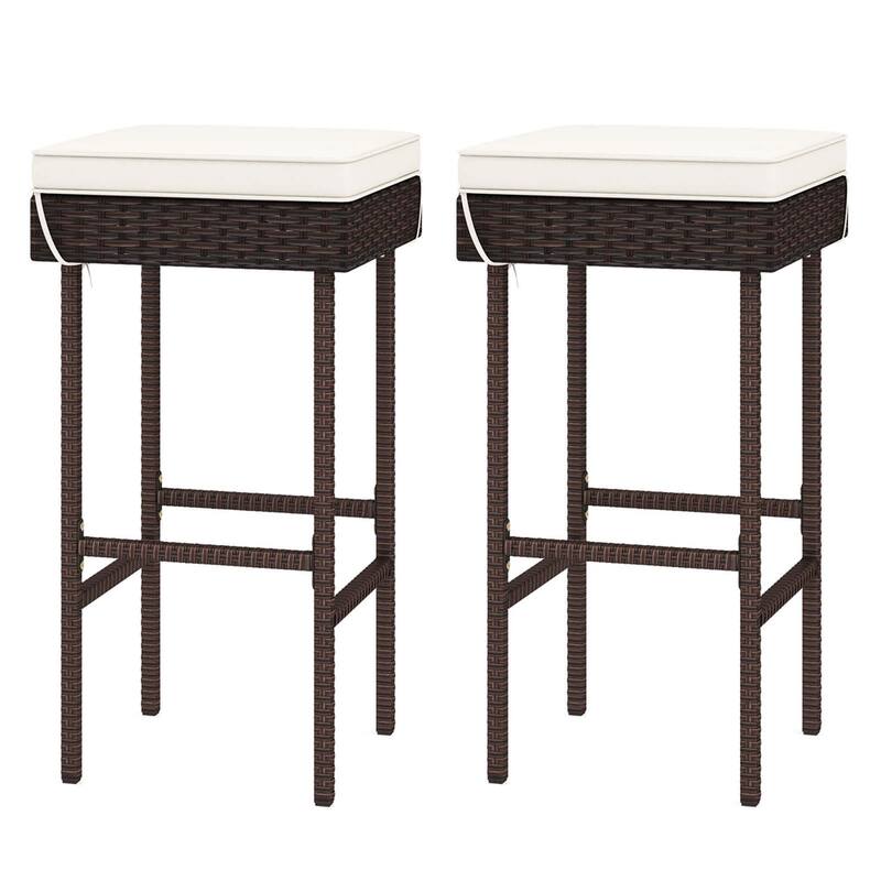 Gymax 2PCS Rattan Barstools Patio Wicker Bar Height Chairs w/ Footrest - Bar Height - Mix Brown - Set of 2