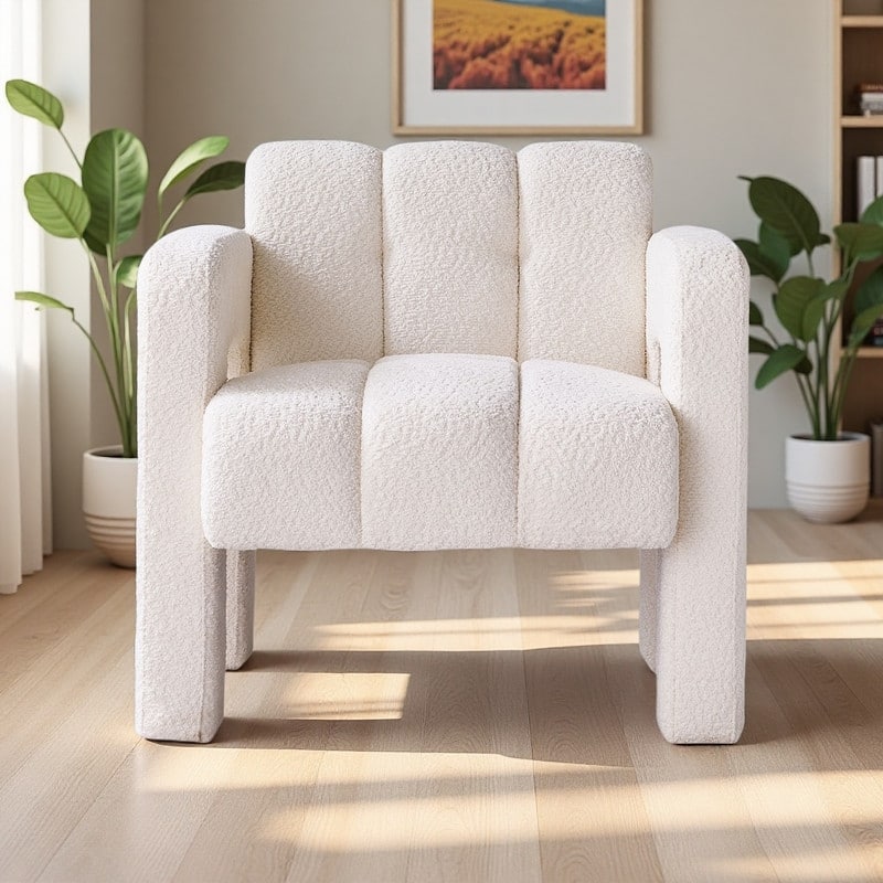 Boucle Accent Chair with Solid Wood Frame and High-Density Foam - Beige