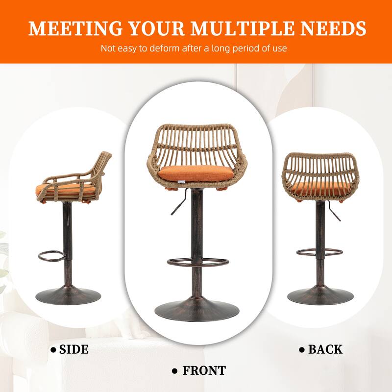 Plastic Rattan Linen Swivel Adjustable Height Bar Stools With Footrest(set of 2)