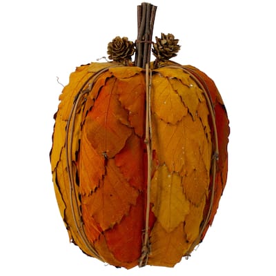Fall Harvest Pumpkin with Layered Leaves and Pinecones - 9.75" - Orange and Brown