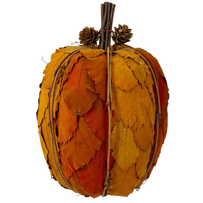 Fall Harvest Pumpkin with Layered Leaves and Pinecones - 9.75" - Orange and Brown