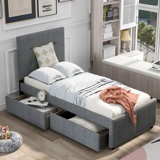 Linen Upholstered Platform Bed With Headboard And Two Drawers, Twin Size