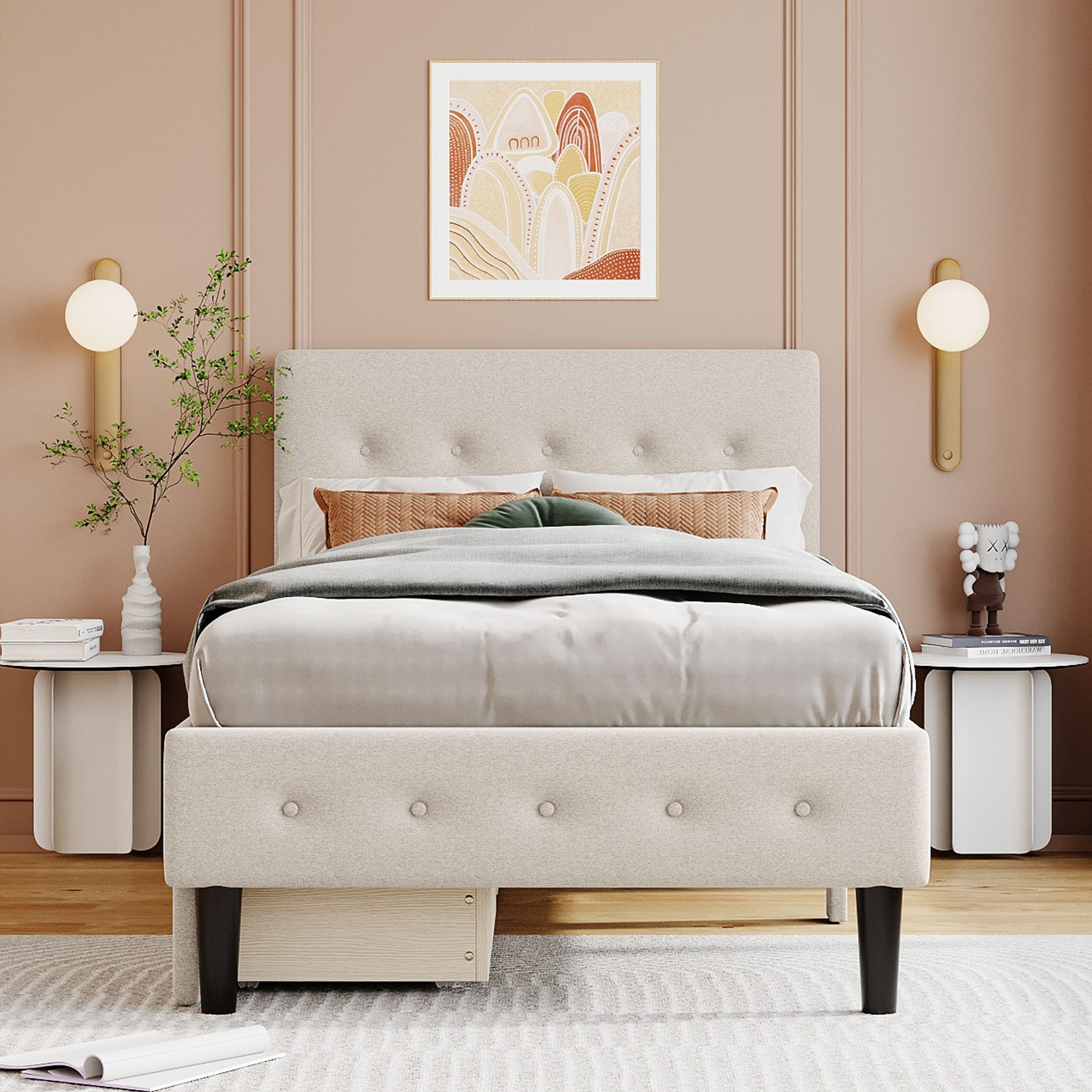 Twin Size Upholstered Platform Bed with 2 Drawers Headboard