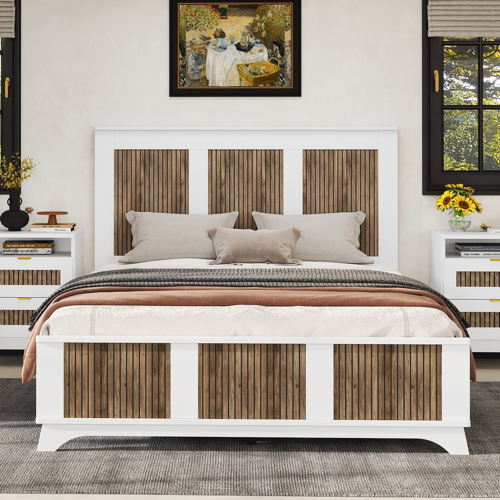 White Queen Size Farmhouse Wooden Platform Bed with Strip Decoration