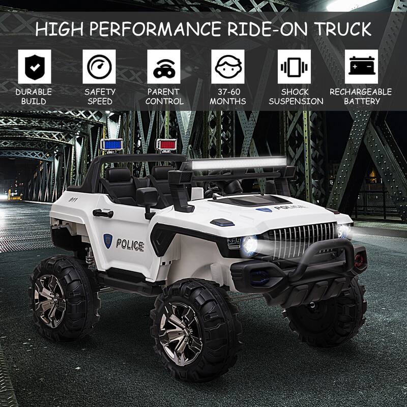 12V Police Car Ride-on Truck for Kids, 53"L 2-Seater with Remote Control, Siren, Music, Lights & Suspension