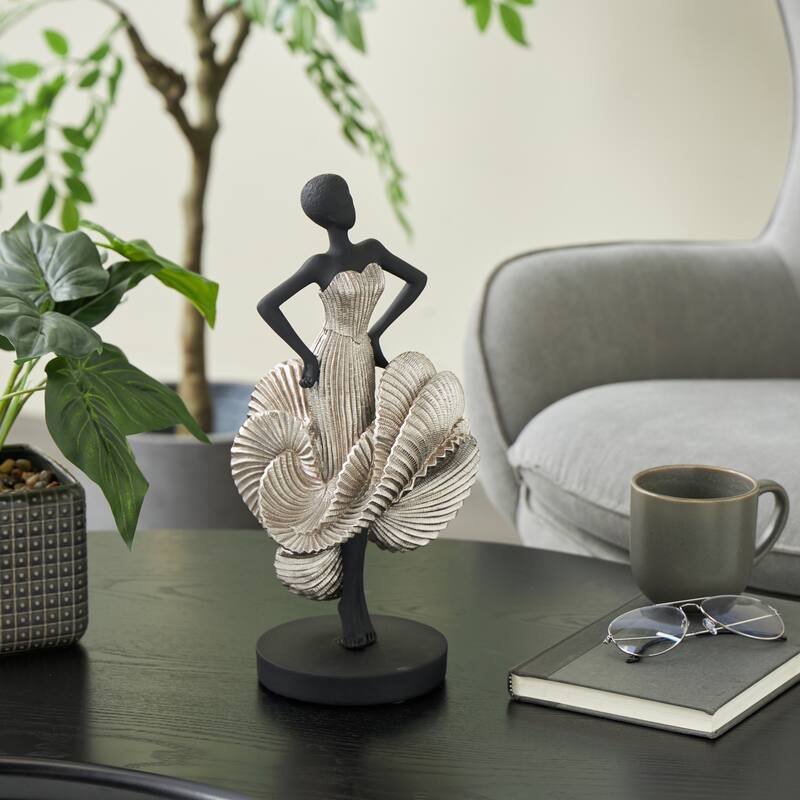 Black Polyresin Dancer Decorative Sculpture with Silver Dress - 6"W x 6"L x 14"H