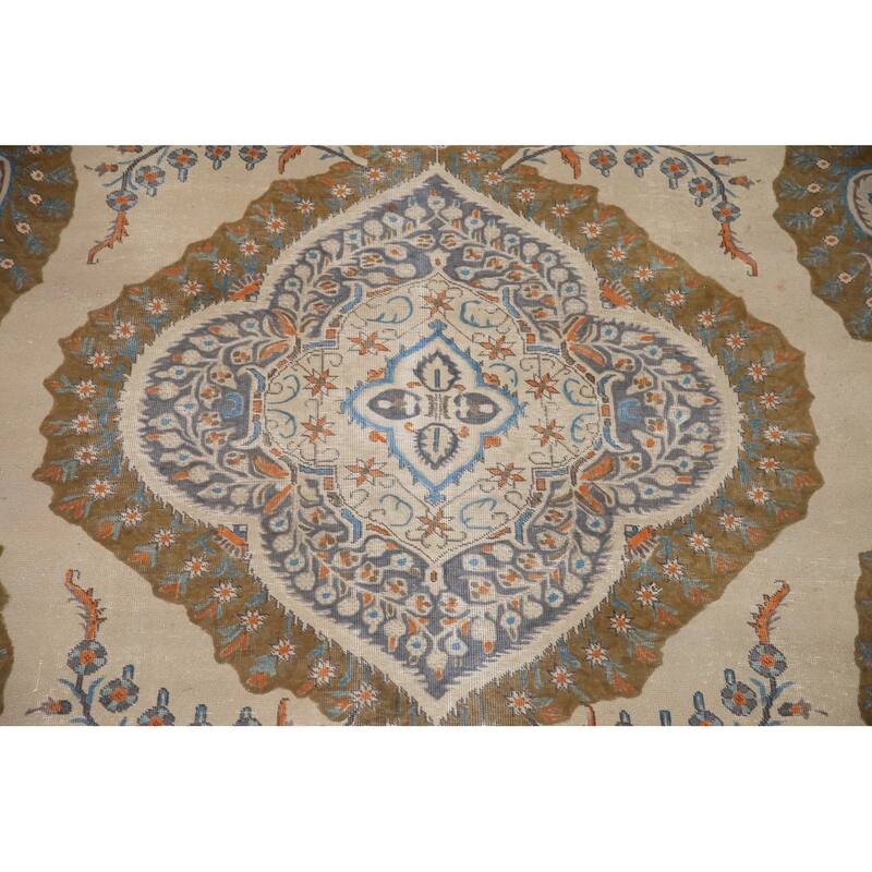 Hand Knotted Oriental 100% Wool Carpet Traditional Medallion Beige & Ivories Tabriz Area Rug - 12' 8'' X 9' 4''