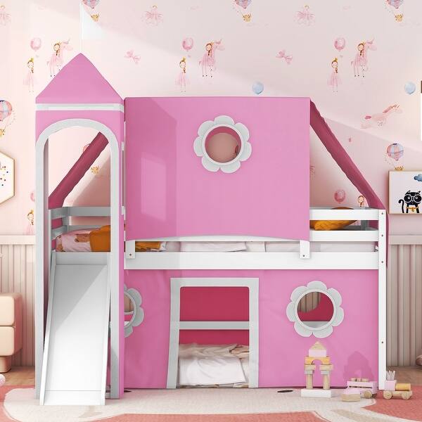 slide 2 of 10, Full Size Loft Bed with Slide Pink Tent, Wooden Bed with Tower, Playhouse Inspired, Spacious Under Bed Space, Pink Pink