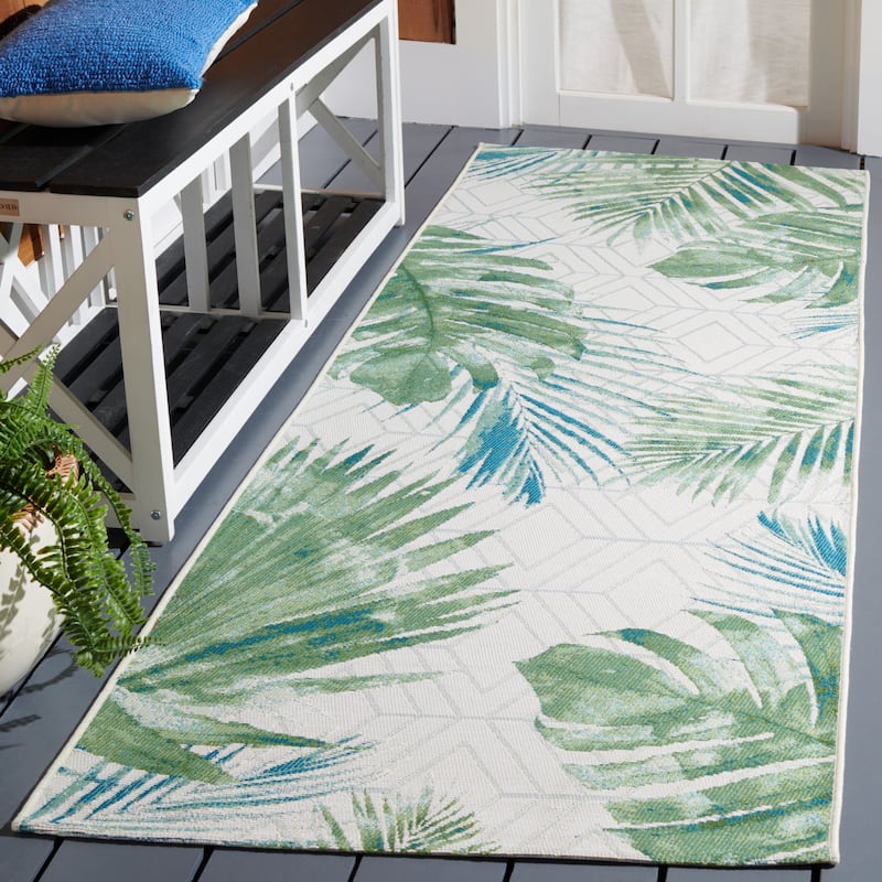 SAFAVIEH Barbados Nairne Tropical Indoor/ Outdoor Waterproof Patio Backyard Rug - Green/Teal - 2'8" x 10'5" Runner