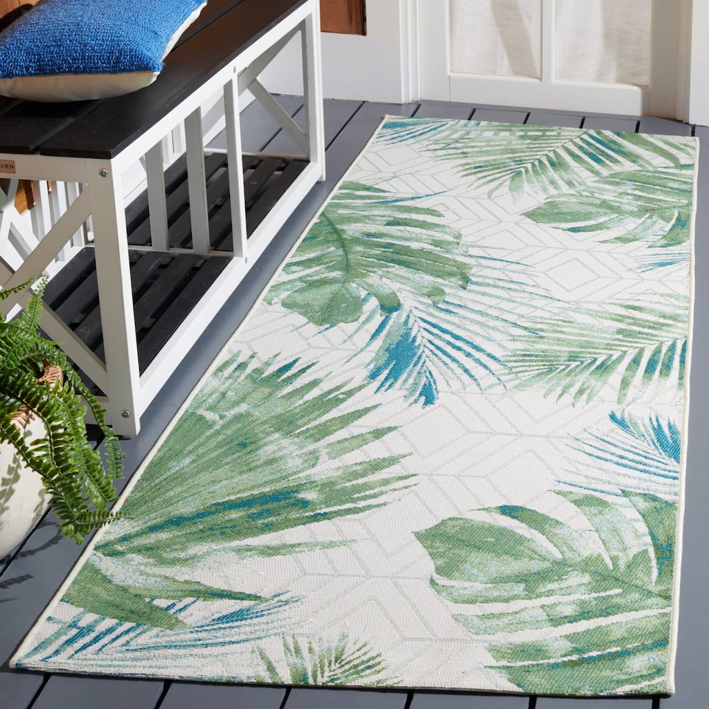 SAFAVIEH Barbados Nairne Tropical Indoor/ Outdoor Waterproof Patio Backyard Rug - Green/Teal - 2'8" x 10'5" Runner
