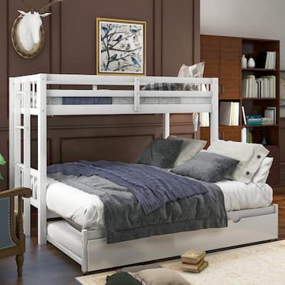 Twin Over Pull-Out Bunk Bed with Trundle, Solid Wood Twin Over Twin/Double Twin Bunk Bed with Ladder and Full-Length Guardrail