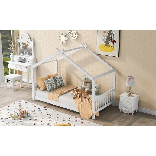 slide 2 of 10, White Twin Size House Platform Bed with Roof, Headboard and Footboard White - Twin
