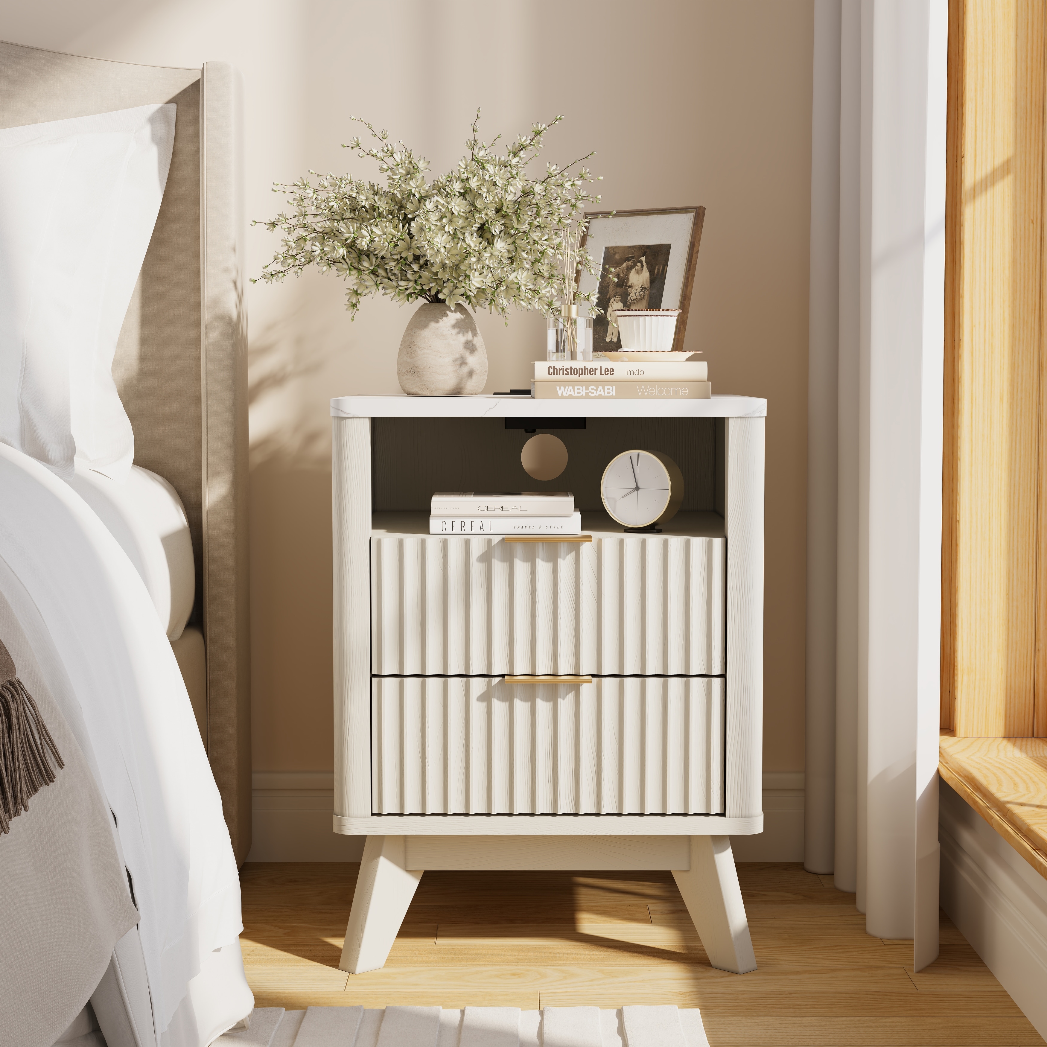 Modern Minimalist Side Table, Fluted Nighstand End Table for Bedroom