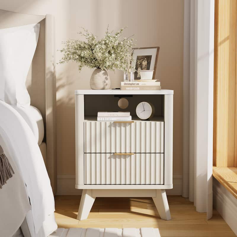 Modern Minimalist Side Table, Fluted Nighstand End Table for Bedroom - Solid White