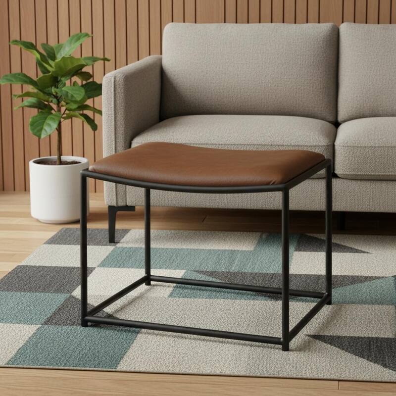 HomeRoots 23" Brown and Black Metal and Genuine Leather Footstool - Brown - 23.25 in. x 17.50 in. x 16.00 in.