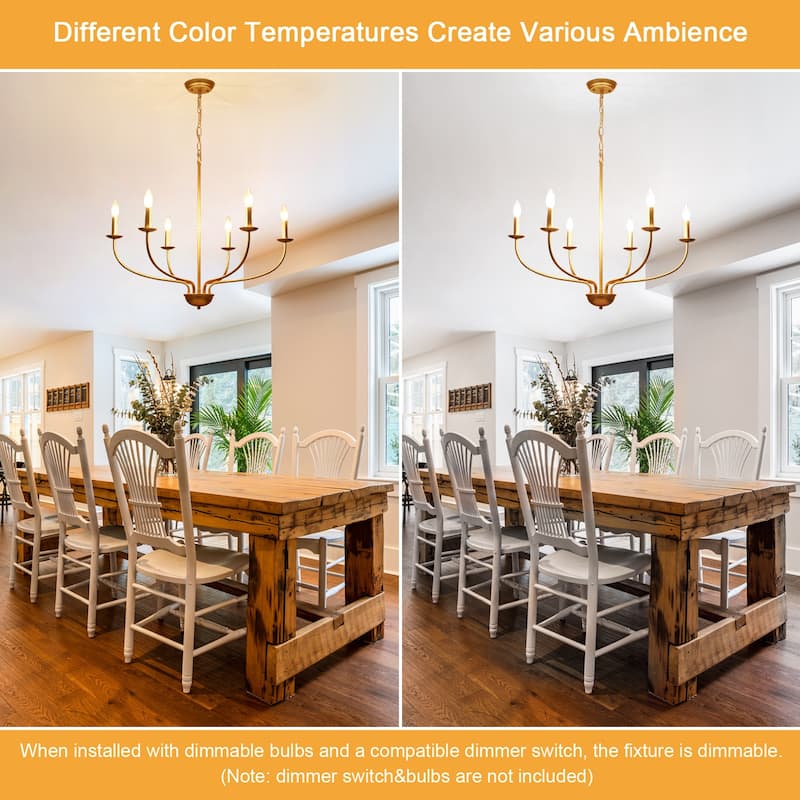 6-Light Modern Farmhouse Chandelier, Metal Candle Style Chandelier for Dining Room Living Room Bedroom Kitchen