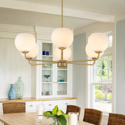 6-Light Black/Gold Modern Large Sputnik Chandelier with Opal Glass Globe