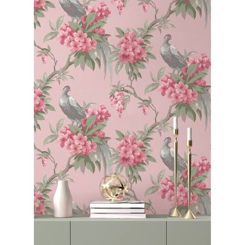 Brewster Golden Pheasant Pink Floral Wallpaper
