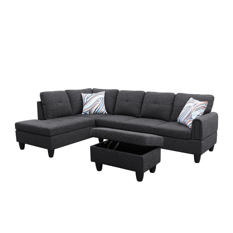 Durable 3PC Sectional Sofa with Double Spring Support, Breathable Fabric, Storage Ottoman