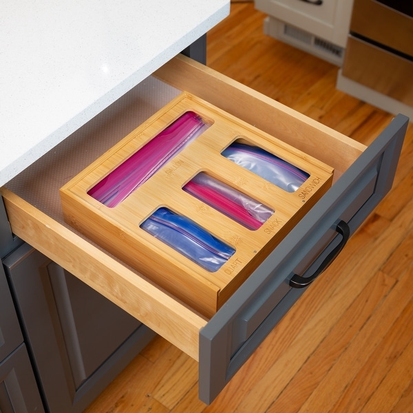 Natural Bamboo Plastic Bag Organizer for Kitchen Drawer