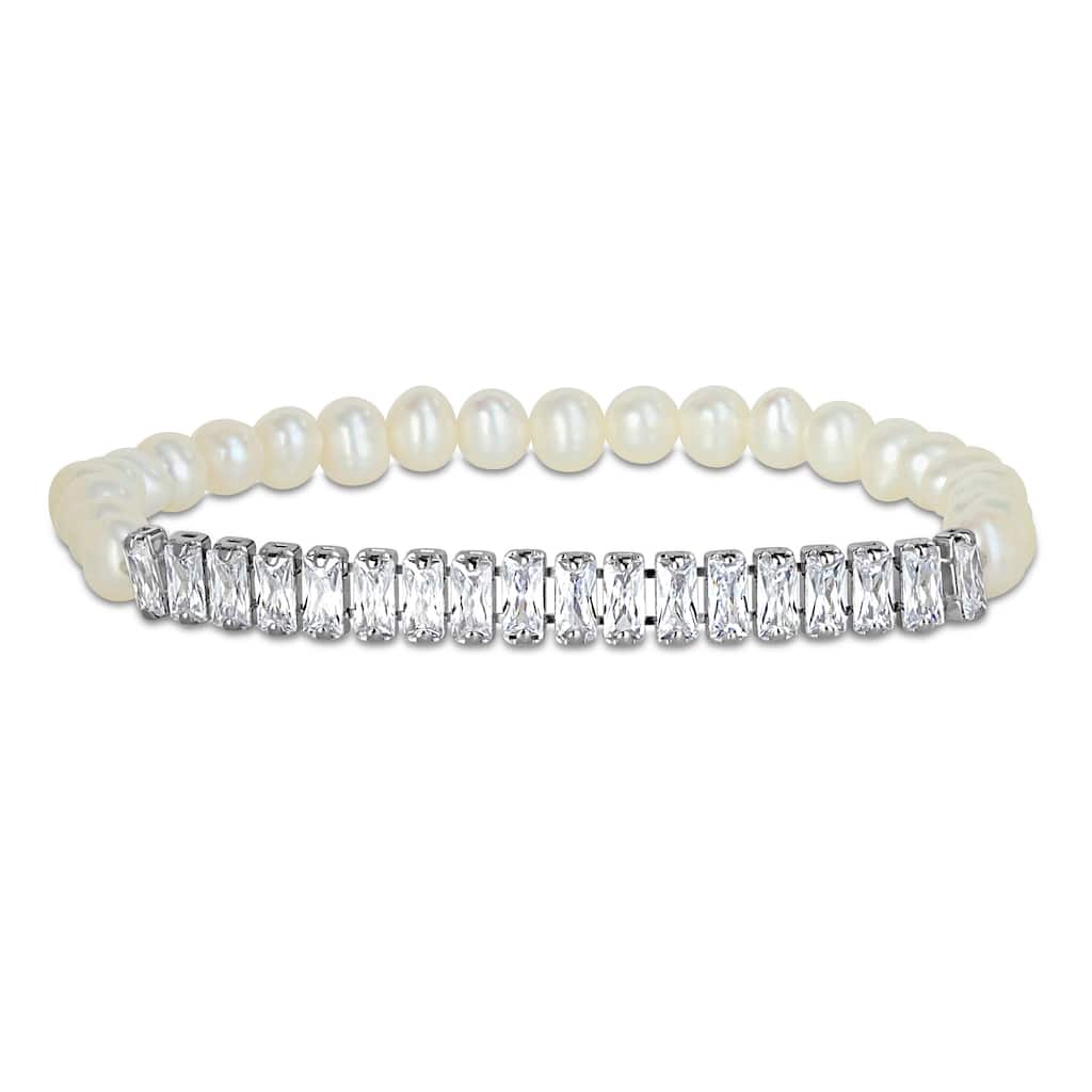 Miadora 5.5-6mm Cultured Freshwater Pearl 3 5/8ct TGW CZ Bracelet Sterling Silver