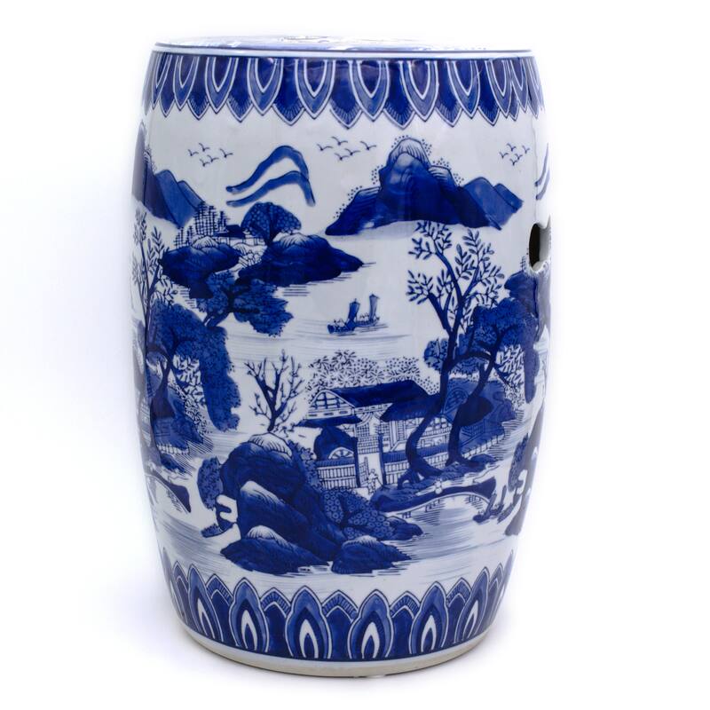 Euro Ceramica Blue Garden Porcelain 16" Decorative Landscape Stool - 10.75 x 10.75 x 16 - Bule & White