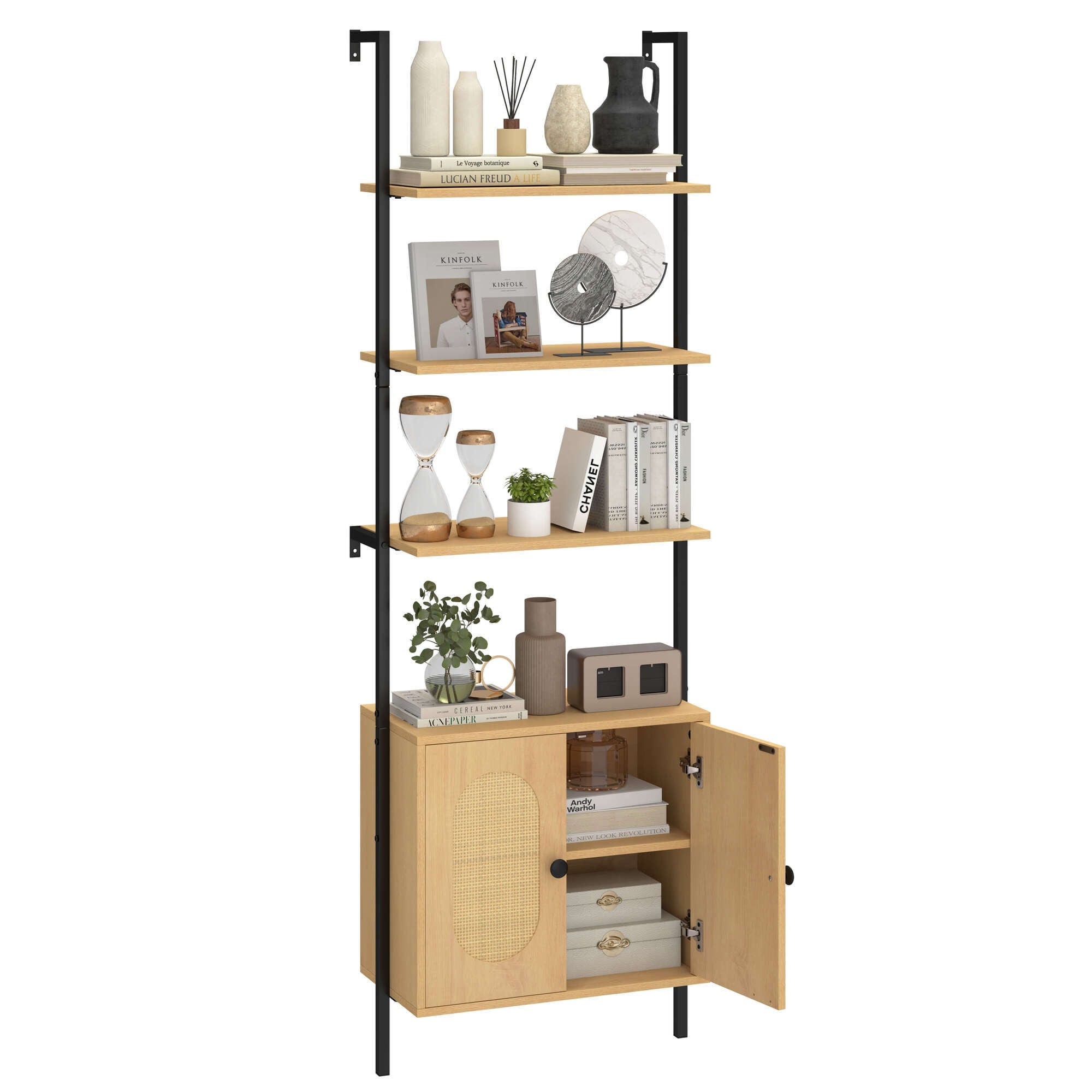 Costway 1/2 PCS Ladder Bookshelf with Rattan Cabinet 71" Tall Wall