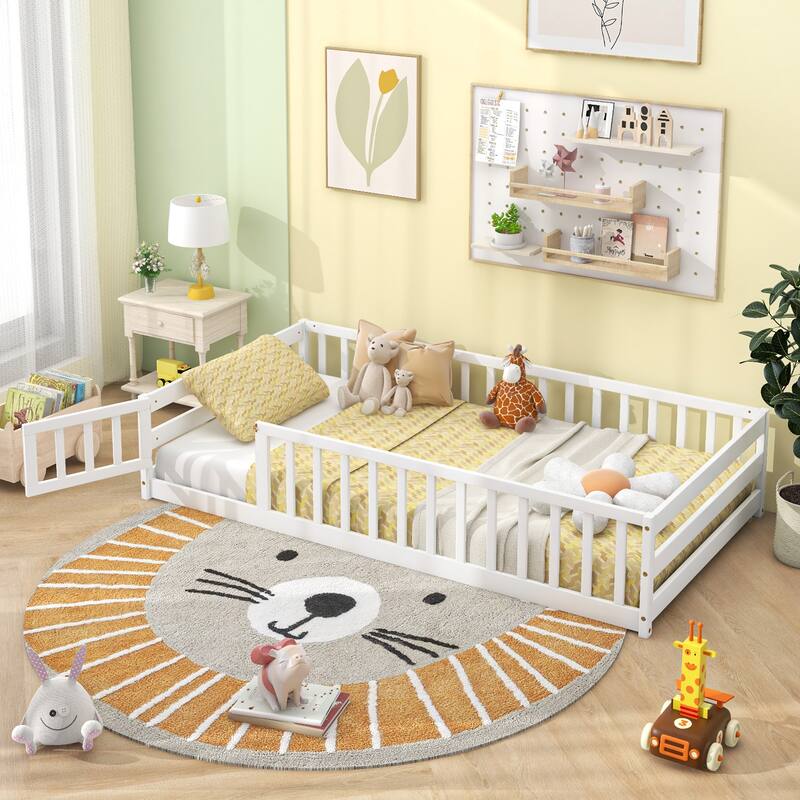 Twin Size Kids Wood Montessori Floor Bed with Door and Fence