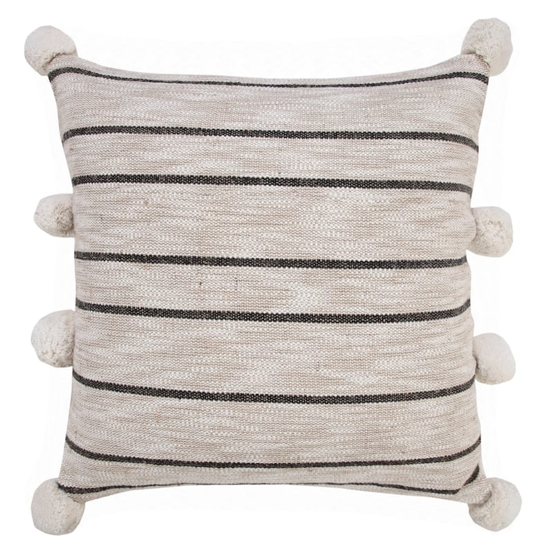 Handwoven Striped Square Throw Pillow Cover with Pom Poms - 20" - Cream and Black