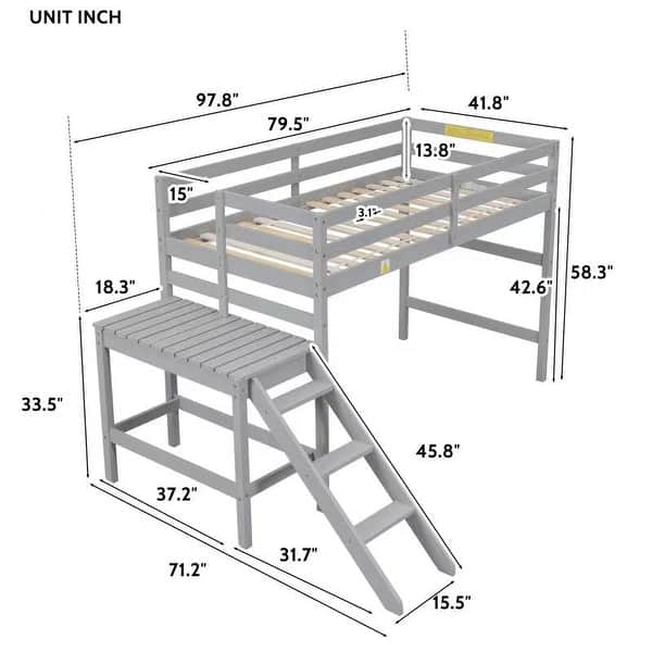 Grey Twin Size Pine Wood Loft Bed with Platform and Ladder