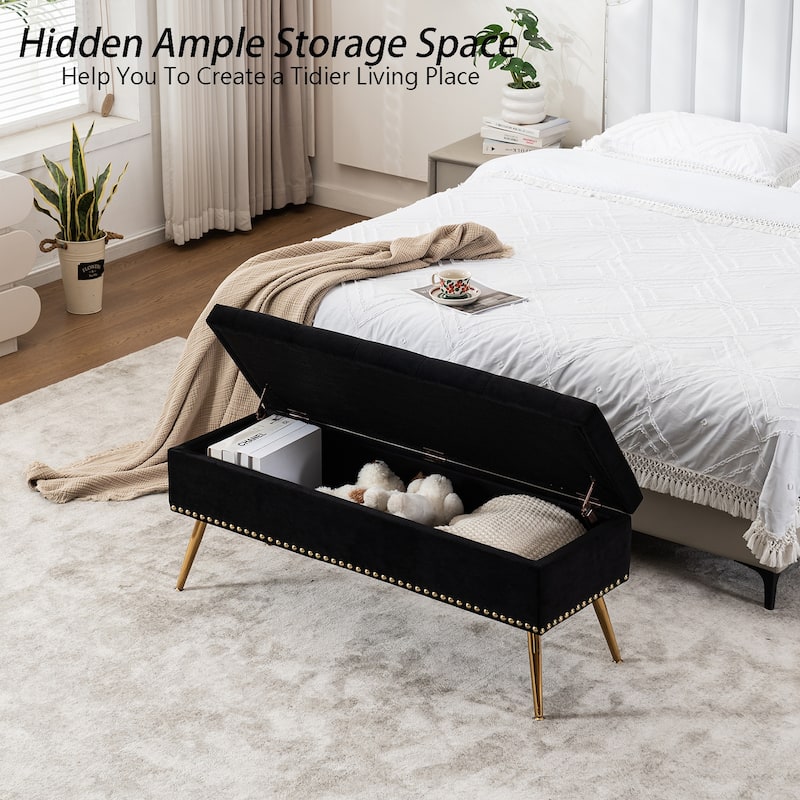 Velvet Storage Ottoman Bench with gold legs and Nailhead Trim for Bedroom/End of Bed/Entryway/Window