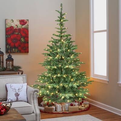 6ft Pre-Lit Christmas Tree with 300 Warm White LED Lights, 611 PE+PVC Tips, Realistic Layered Look, Unique Wooden Base