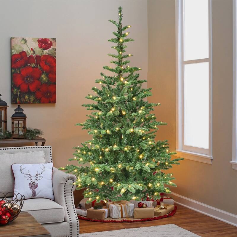 7ft Pre-Lit Christmas Tree with 400 Warm White LED Lights,941 PE+PVC Tips,Realistic Layered Look,Unique Wooden Base - 7 Foot