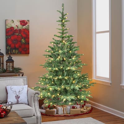 7ft Pre-Lit Christmas Tree with 400 Warm White LED Lights,941 PE+PVC Tips,Realistic Layered Look,Unique Wooden Base