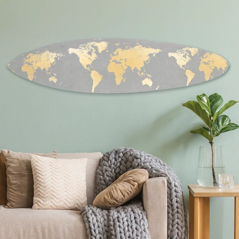 Wooden Surfboard Wall Art with World Map Print, Gray and White
