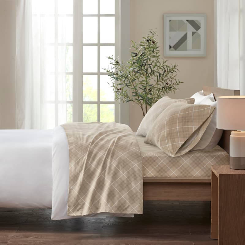 Madison Park Cozy Cotton Flannel Printed Sheet Set - Full - Tan Plaid