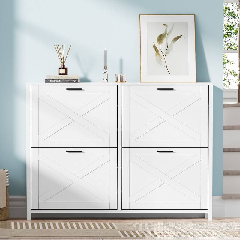 Farmhouse Shoe Cabinet with 4 Flip Drawers - Entryway Shoe Storage