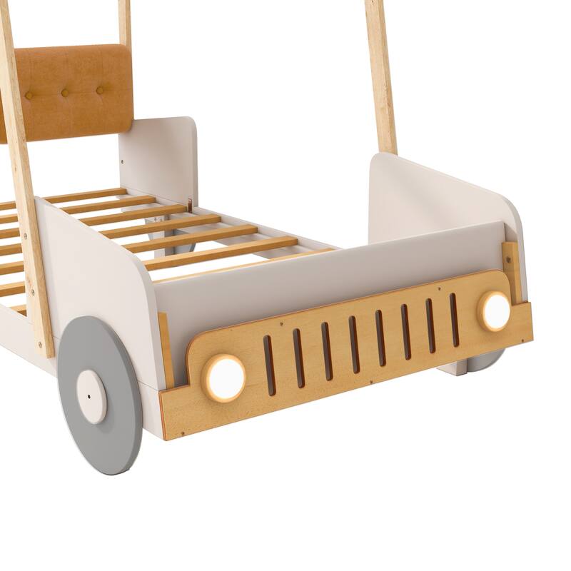 Twin Size Car-Shaped Bed with LED Lights and Pillow, Natural