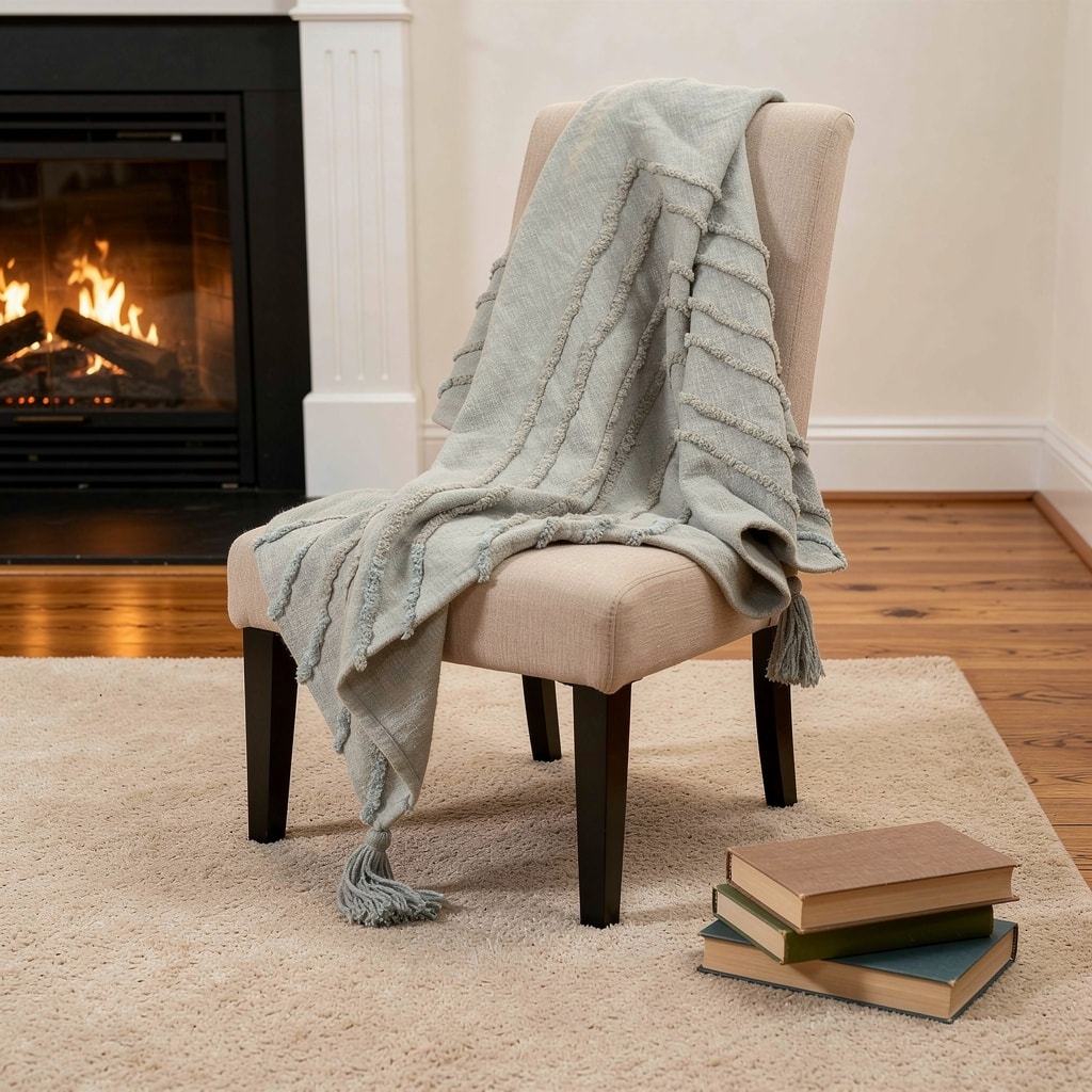 HomeRoots 50" X 60" Gray Cotton Woven Geometric Throw Blanket with Tassels