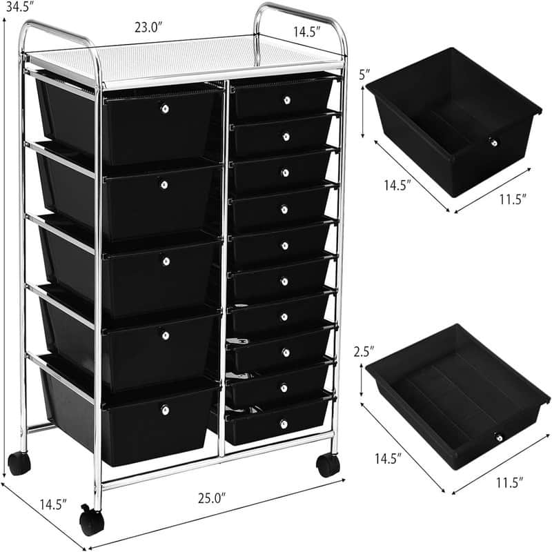 15 Drawer Storage Drawer Cart - 14.5"D x 25"W x 34.5"H