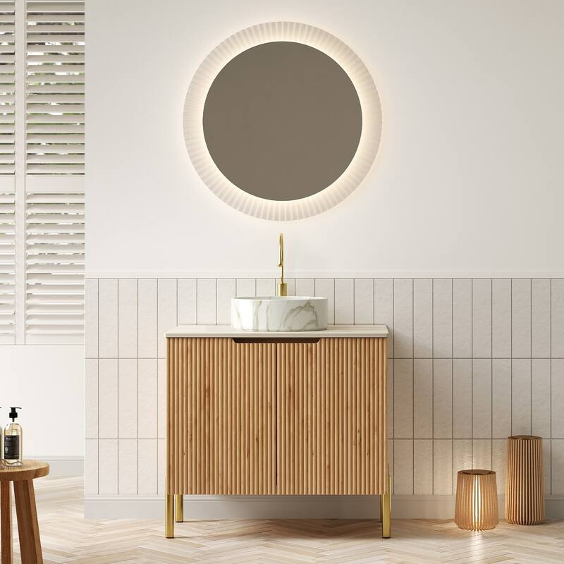 30" Bathroom Vanity with Rectangular Sink/Round Sink, Freestanding Bathroom Storage Cabinet with Sintered Stone Counter Top - Natural Wood - 30 Inch